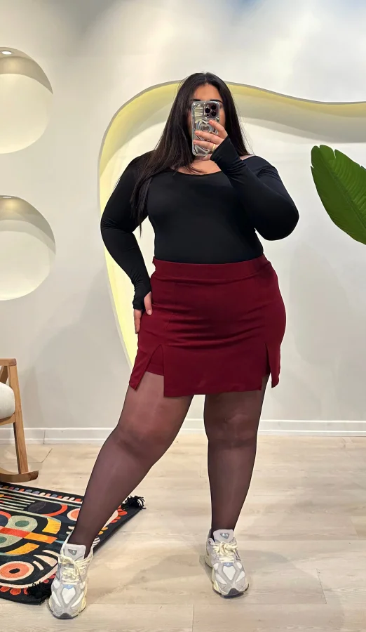 Çift Yırtmaçlı Şortlu Krep Etek - Bordo