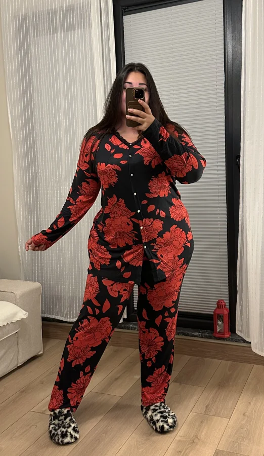 Dantel Detay Likralı Penye Pijama Takımı - Kırmızı Çiçekli