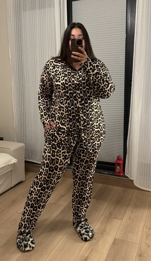 Dantel Detay Likralı Penye Pijama Takımı - Leopar