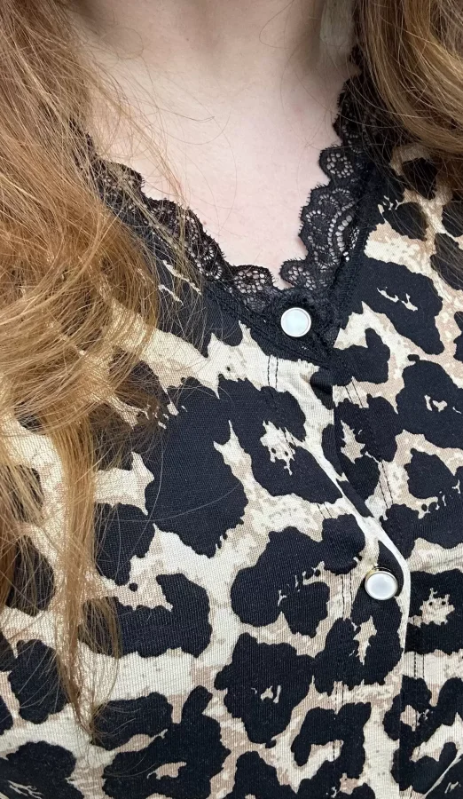 Dantel Detay Likralı Penye Pijama Takımı - Leopar