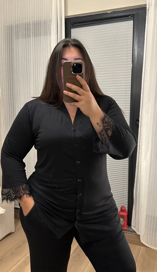 Dantel Detay Likralı Penye Pijama Takımı - Siyah