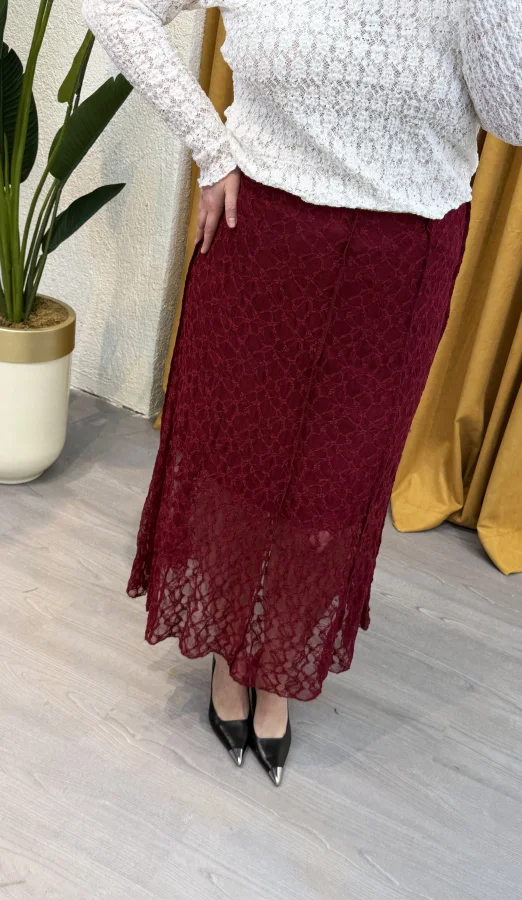 Dantel Detaylı Esnek Astarlı Etek - Bordo