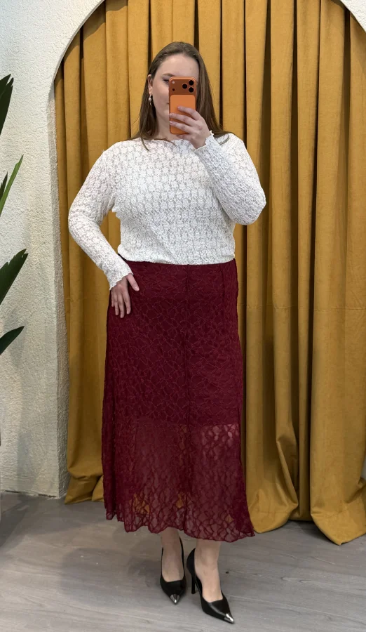Dantel Detaylı Esnek Astarlı Etek - Bordo