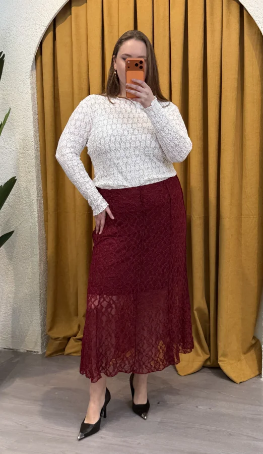 Dantel Detaylı Esnek Astarlı Etek - Bordo