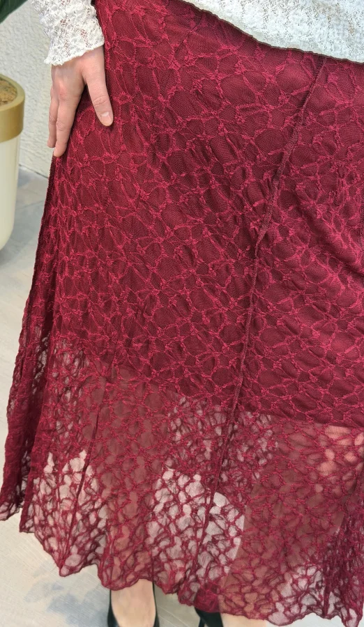 Dantel Detaylı Esnek Astarlı Etek - Bordo