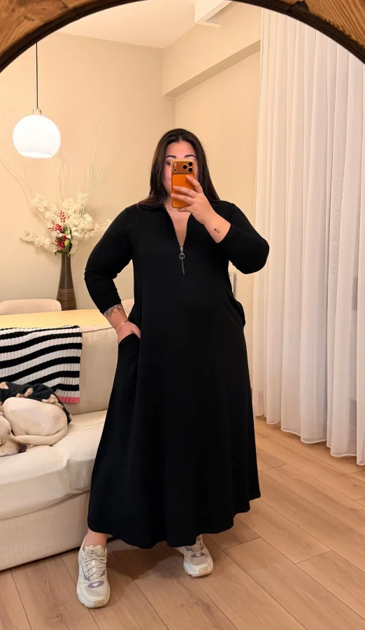 Dik Yaka Fermuarlı Modal Elbise - Siyah