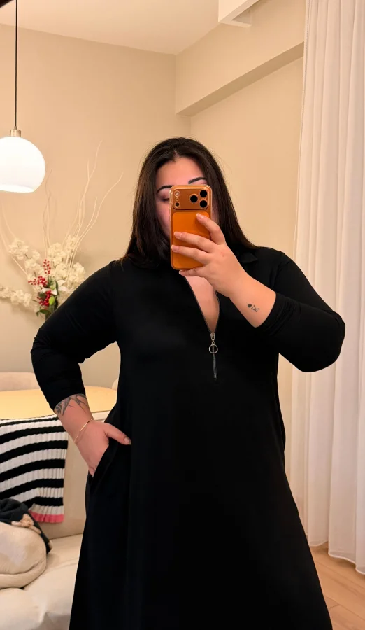 Dik Yaka Fermuarlı Modal Elbise - Siyah