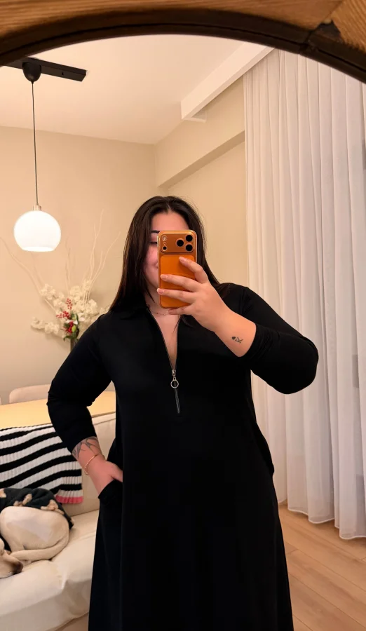 Dik Yaka Fermuarlı Modal Elbise - Siyah