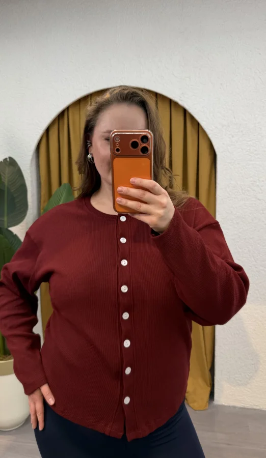 Düğmeli Basic Triko Hırka - Bordo