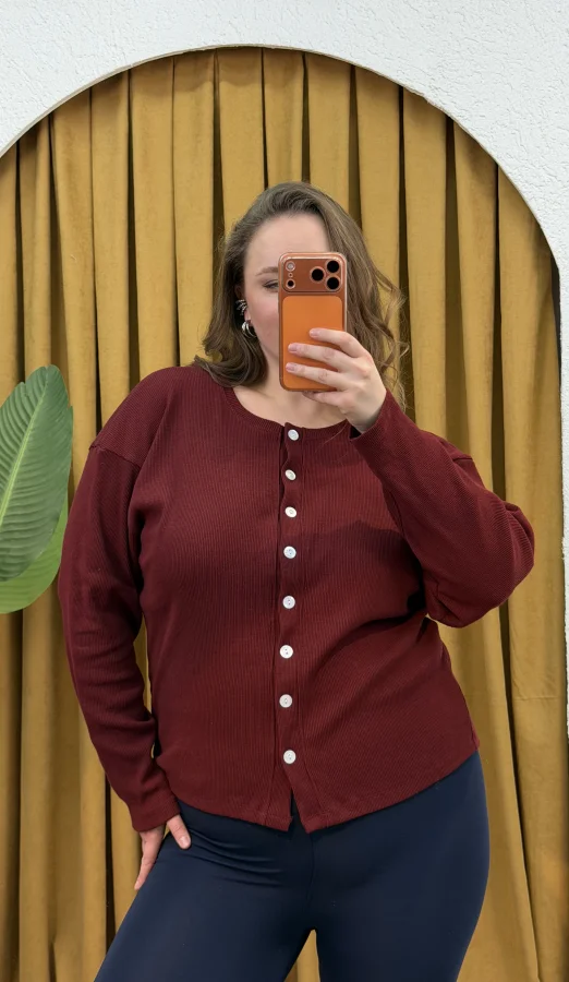 Düğmeli Basic Triko Hırka - Bordo