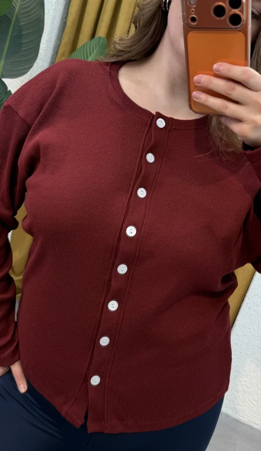 Düğmeli Basic Triko Hırka - Bordo