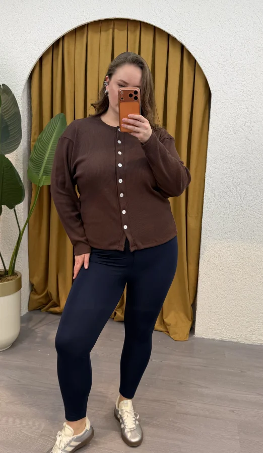 Düğmeli Basic Triko Hırka - Kahverengi