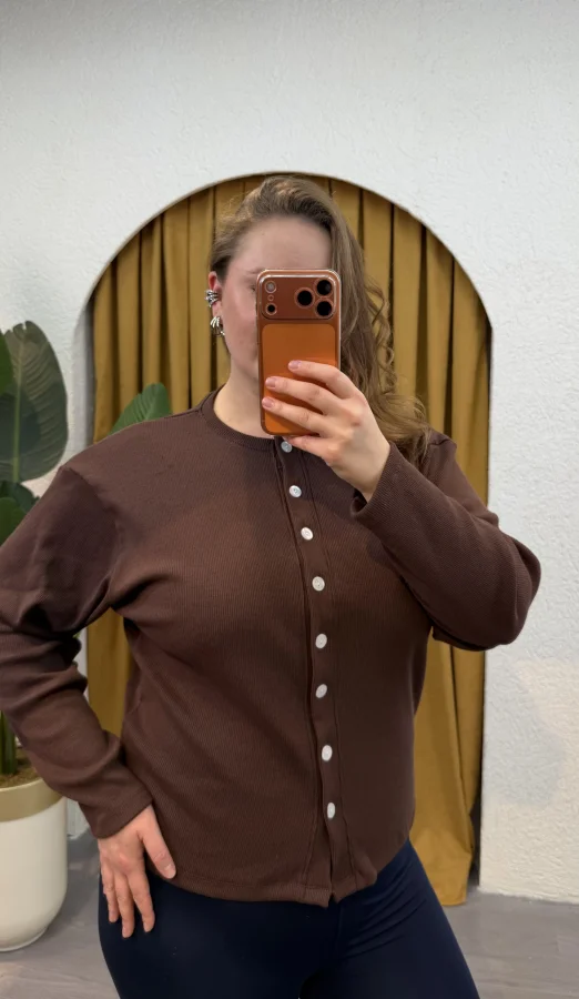 Düğmeli Basic Triko Hırka - Kahverengi