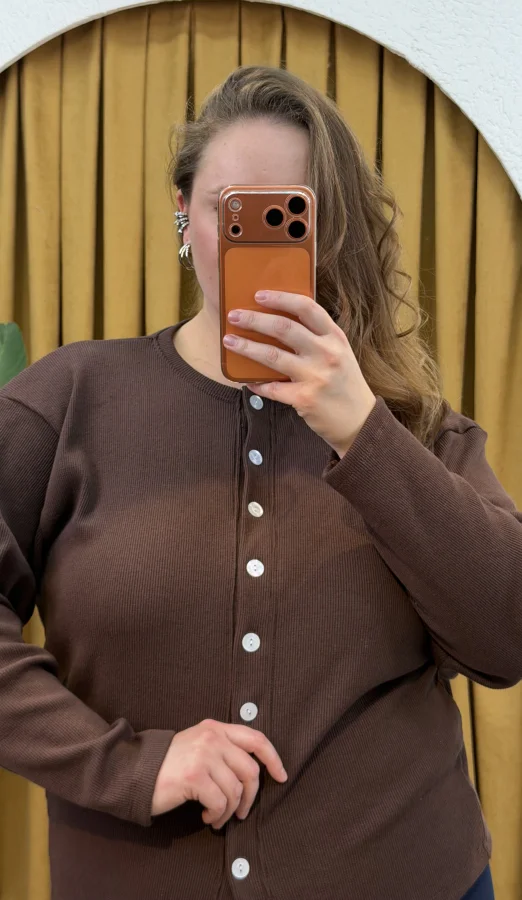 Düğmeli Basic Triko Hırka - Kahverengi