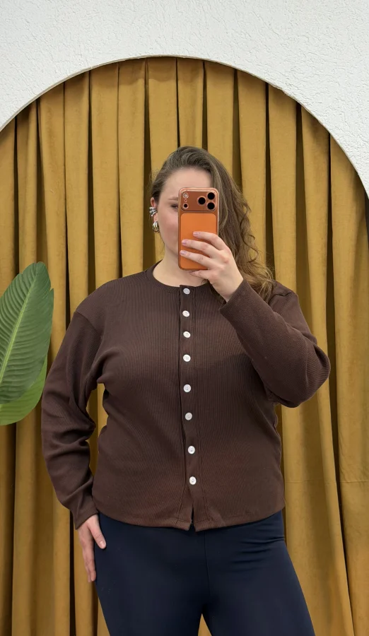 Düğmeli Basic Triko Hırka - Kahverengi