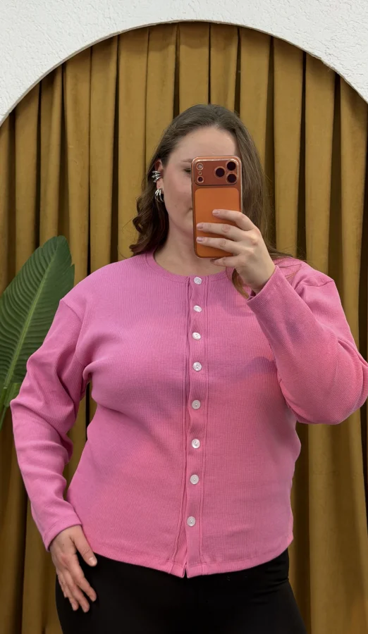 Düğmeli Basic Triko Hırka - Pembe