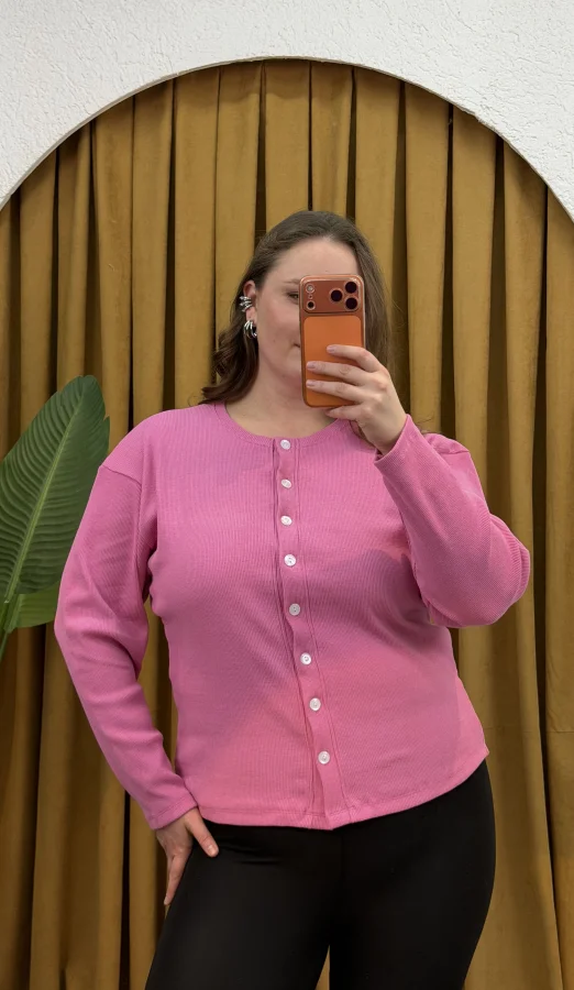 Düğmeli Basic Triko Hırka - Pembe
