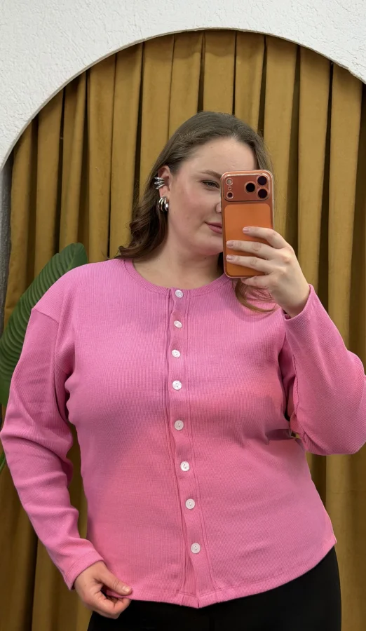 Düğmeli Basic Triko Hırka - Pembe