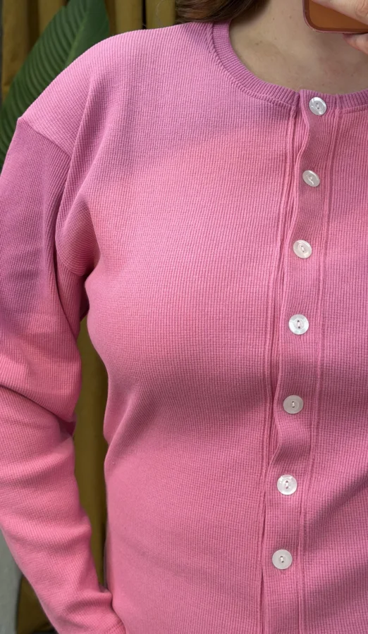 Düğmeli Basic Triko Hırka - Pembe