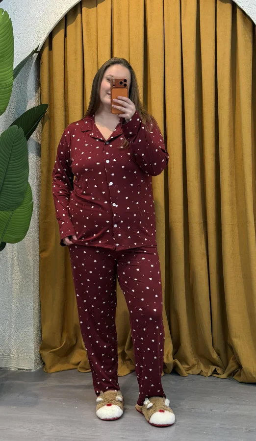 Düğmeli Esnek Pijama Takımı - Bordo Kalpli