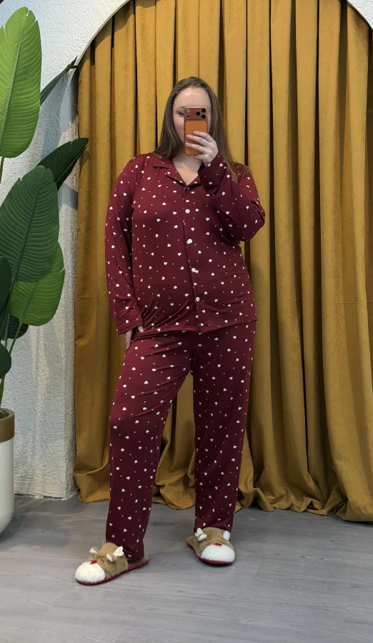 Düğmeli Esnek Pijama Takımı - Bordo Kalpli