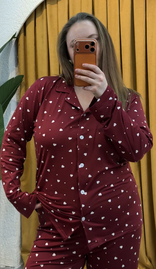 Düğmeli Esnek Pijama Takımı - Bordo Kalpli