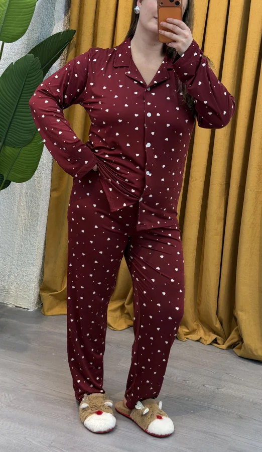 Düğmeli Esnek Pijama Takımı - Bordo Kalpli