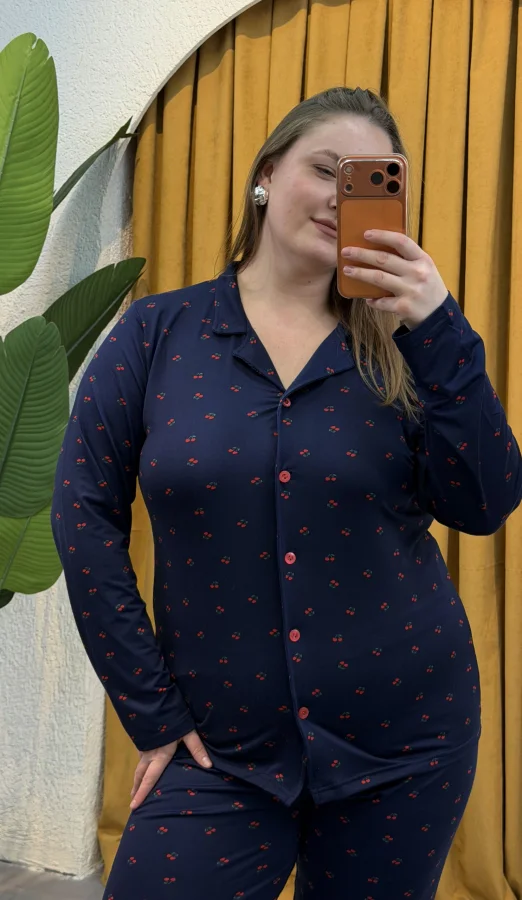 Düğmeli Esnek Pijama Takımı - Lacivert Kiraz Desenli