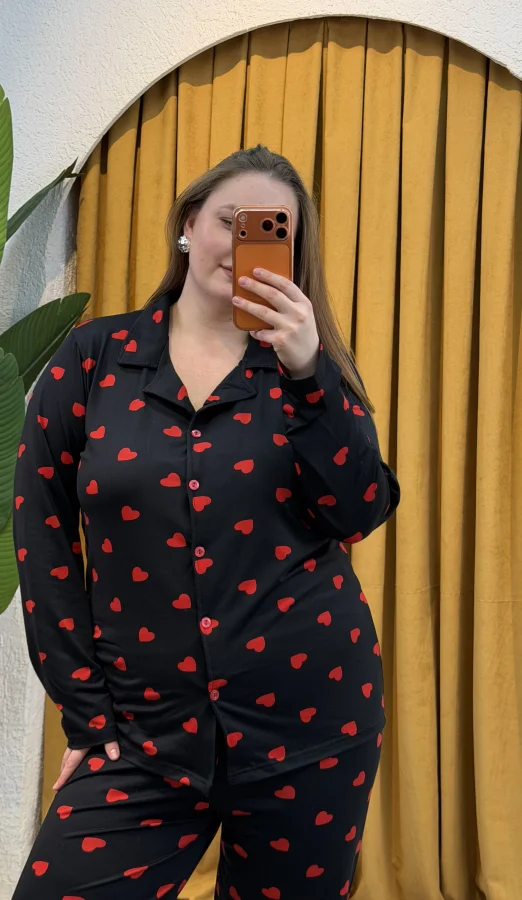 Düğmeli Esnek Pijama Takımı - Siyah Kalpli