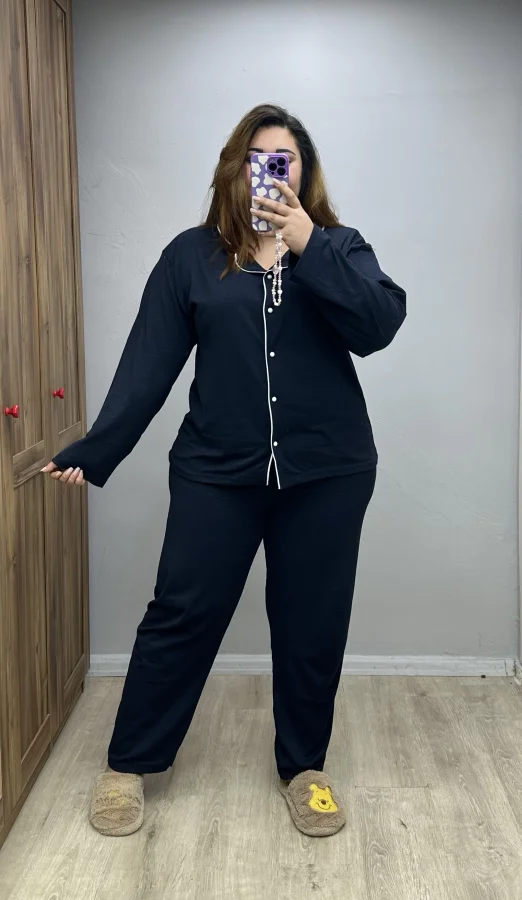 Düğmeli Penye Pijama Takımı - Siyah