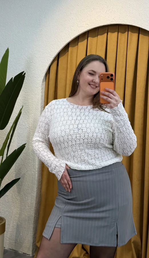 Esnek Transparan Dantel Bluz - Beyaz