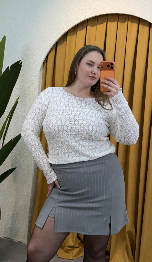 Esnek Transparan Dantel Bluz - Beyaz