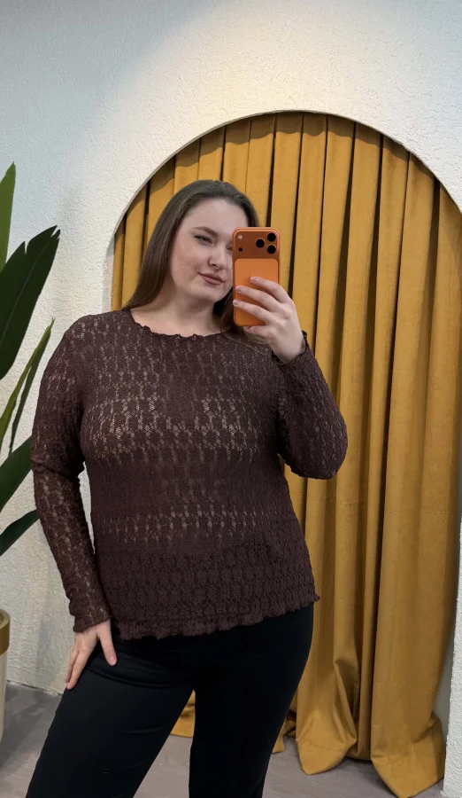 Esnek Transparan Dantel Bluz - Kahverengi