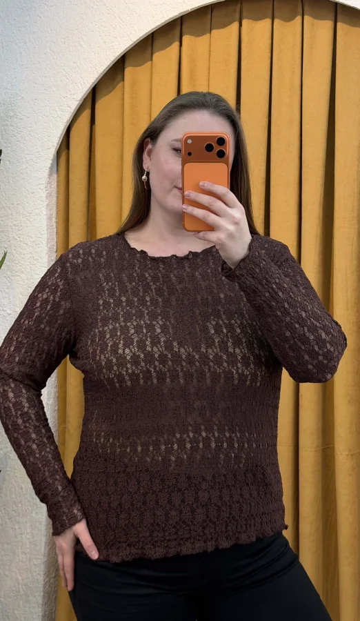 Esnek Transparan Dantel Bluz - Kahverengi