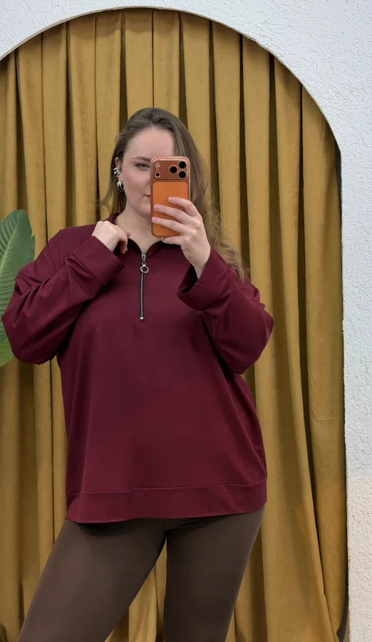 Fermuarlı Dik Yaka Modal Karışımlı Bluz - Bordo