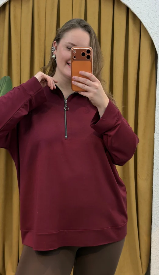 Fermuarlı Dik Yaka Modal Karışımlı Bluz - Bordo