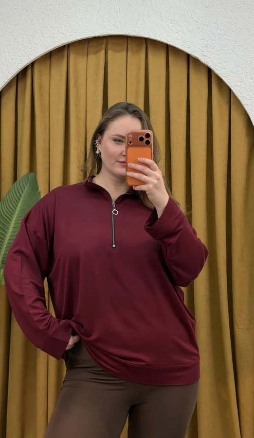 Fermuarlı Dik Yaka Modal Karışımlı Bluz - Bordo