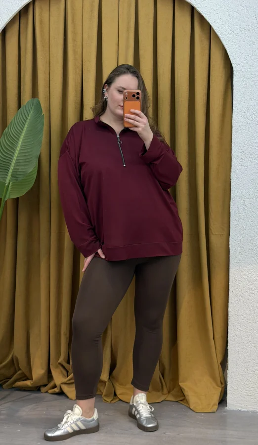 Fermuarlı Dik Yaka Modal Karışımlı Bluz - Bordo