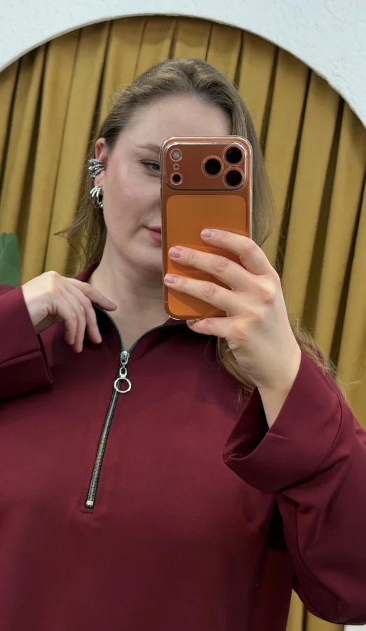 Fermuarlı Dik Yaka Modal Karışımlı Bluz - Bordo