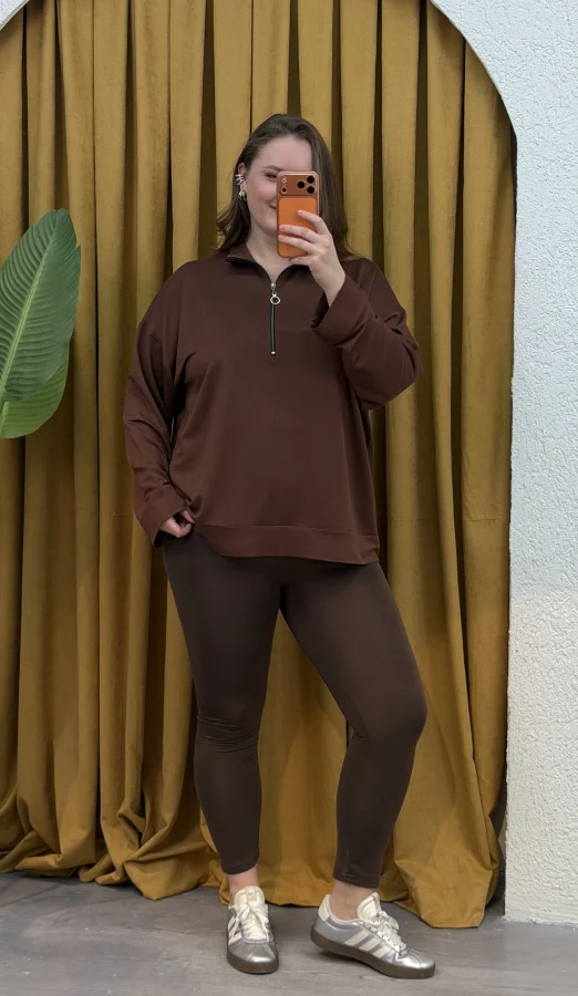 Fermuarlı Dik Yaka Modal Karışımlı Bluz - Kahverengi