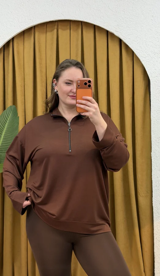 Fermuarlı Dik Yaka Modal Karışımlı Bluz - Kahverengi