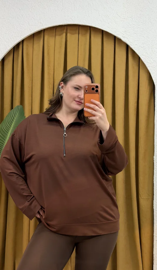 Fermuarlı Dik Yaka Modal Karışımlı Bluz - Kahverengi