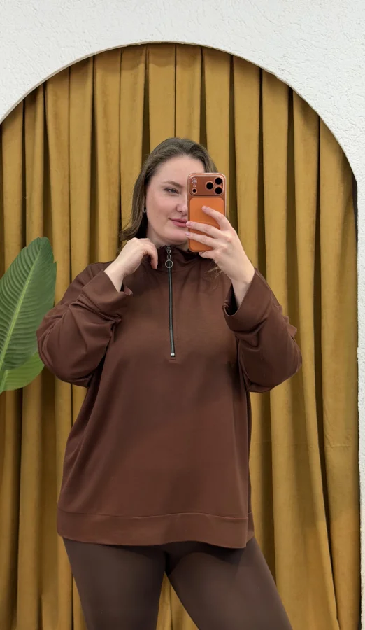 Fermuarlı Dik Yaka Modal Karışımlı Bluz - Kahverengi