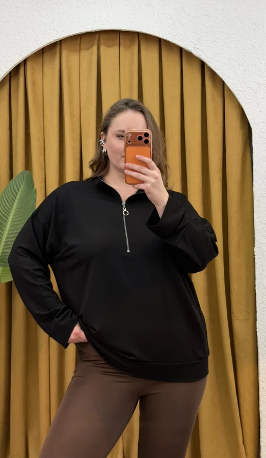 Fermuarlı Dik Yaka Modal Karışımlı Bluz - Siyah