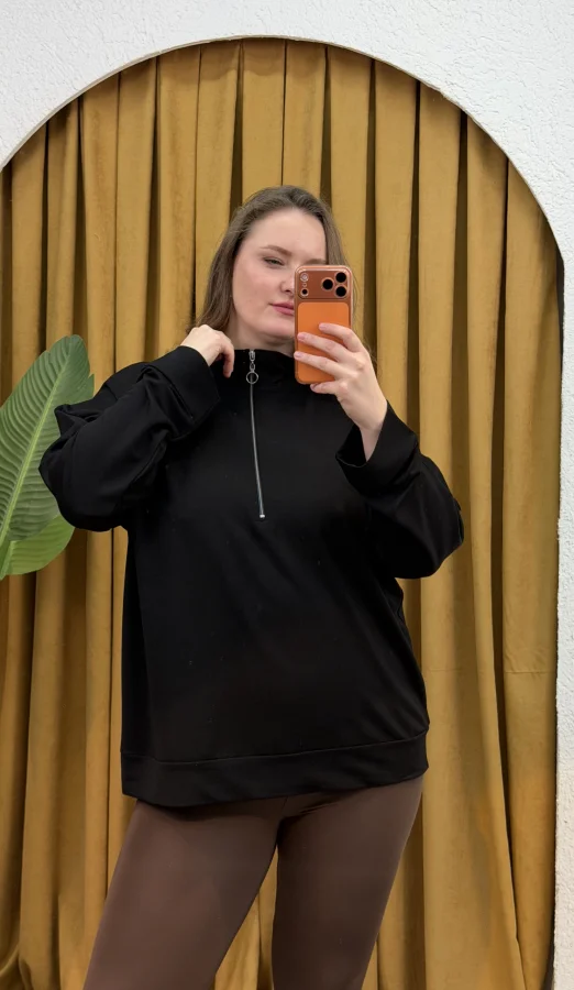 Fermuarlı Dik Yaka Modal Karışımlı Bluz - Siyah