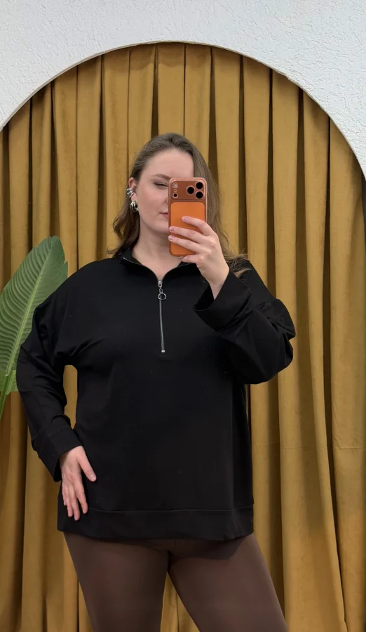 Fermuarlı Dik Yaka Modal Karışımlı Bluz - Siyah