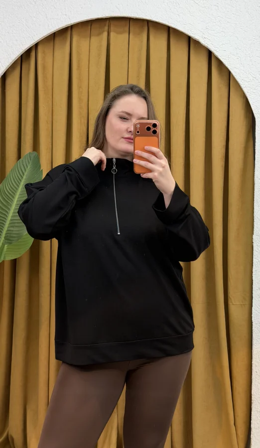 Fermuarlı Dik Yaka Modal Karışımlı Bluz - Siyah