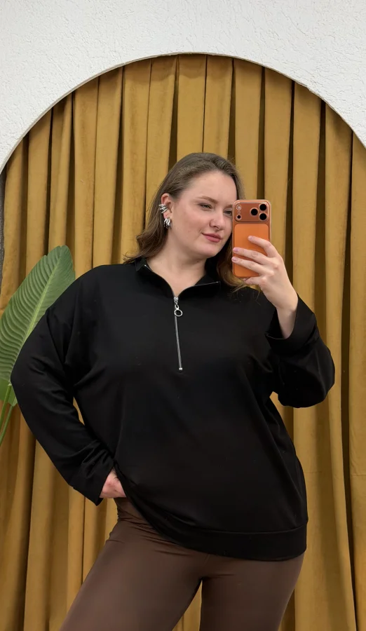 Fermuarlı Dik Yaka Modal Karışımlı Bluz - Siyah