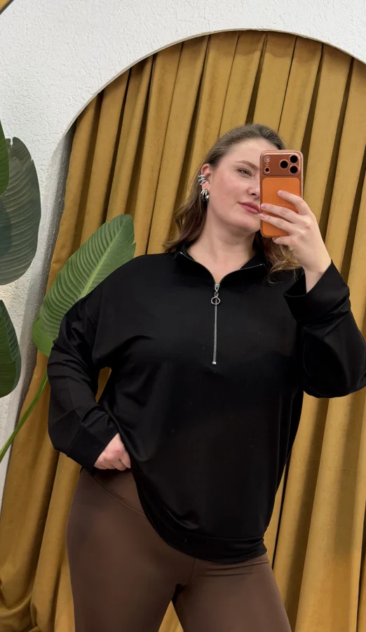 Fermuarlı Dik Yaka Modal Karışımlı Bluz - Siyah