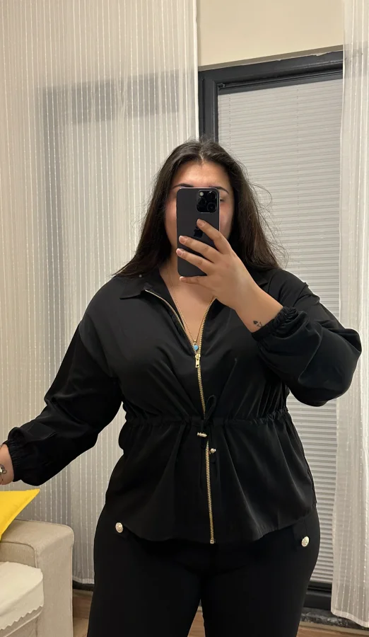 Fermuarlı Lastik Detaylı Bomber Hırka - Siyah